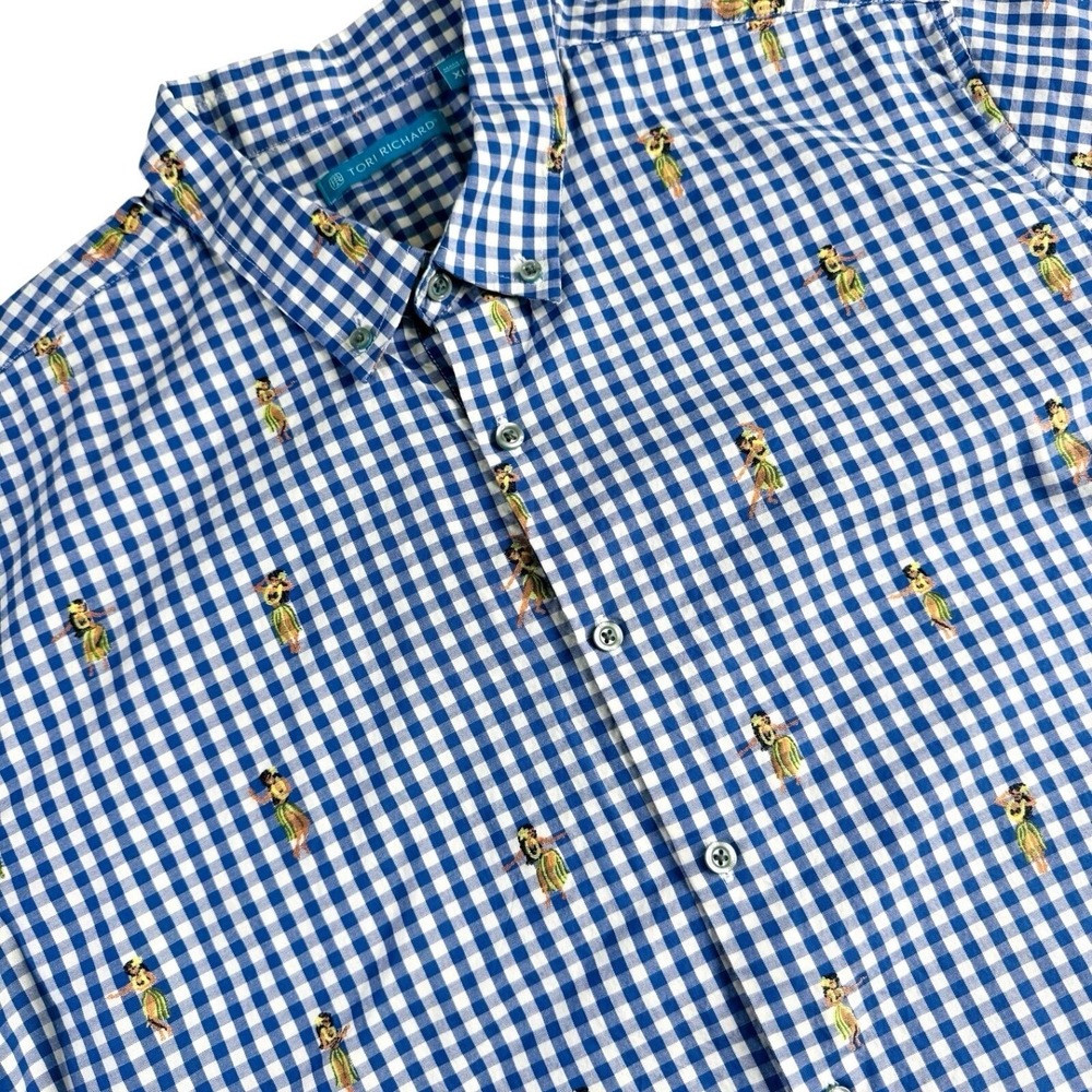 Tori Richard Hula Girl Gingham Shirt Mens XL Blue White Embroidered Short Sleeve